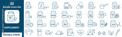 Foto Dietary Supplement Vector Outline Icons Set – Vitamins, Protein, Nutrition and W