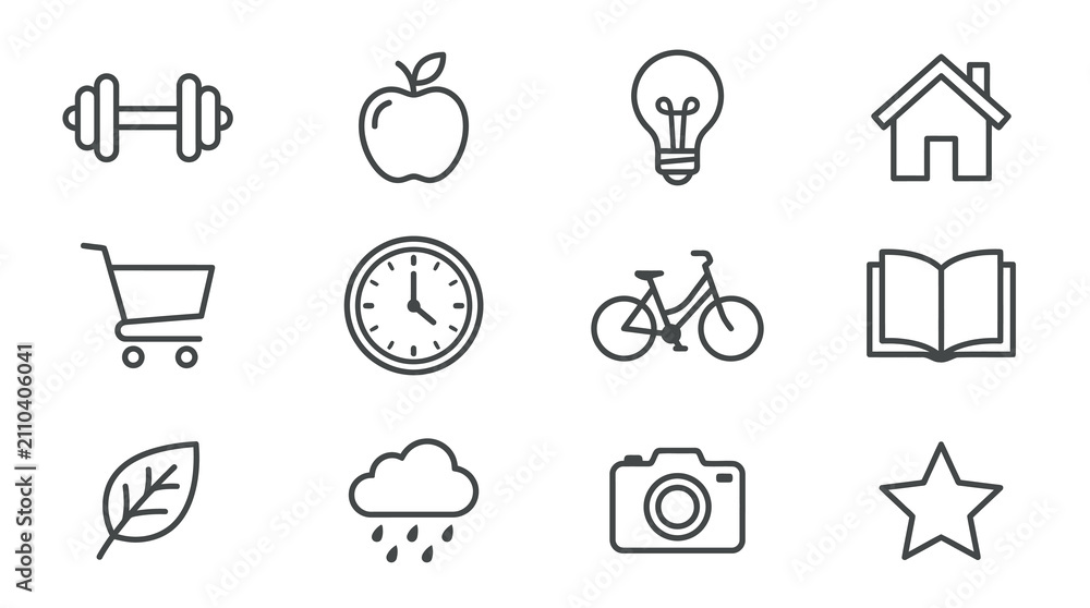 Fototapeta premium Sleek Monochrome Line Icons Set of Everyday Objects and Concepts for Modern Design Use with high quality professional line art symbols for modern creative design and digital branding projects