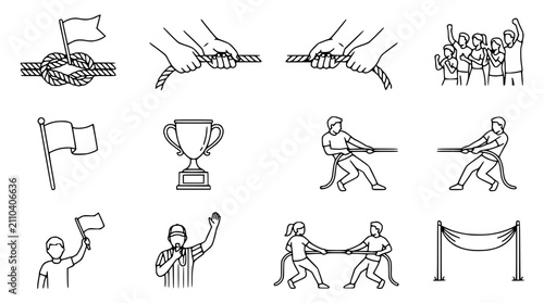 Tableau sur toile Tug of War, Sports Icons: Rope, Trophy, Flag, Referee, Teamwork, Competition
