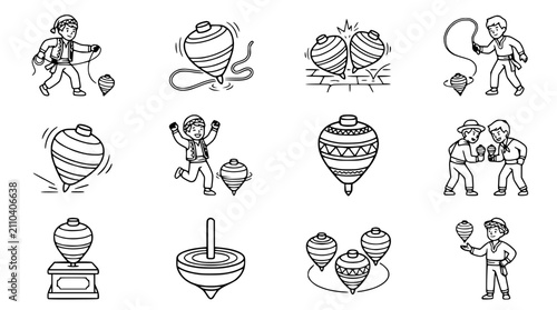 Foto Vintage Spinning Tops and Children Playing