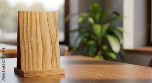 Wooden menu stand on a table in a cafe with blurred background, perfect for restaurant branding and display.