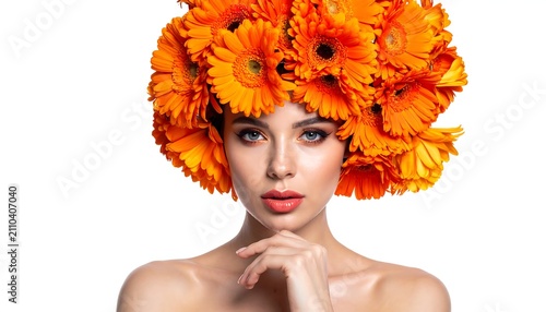 A woman with vibrant orange flowers adorning her head gazes forward. Her skin is flawless, and she has subtle makeup
