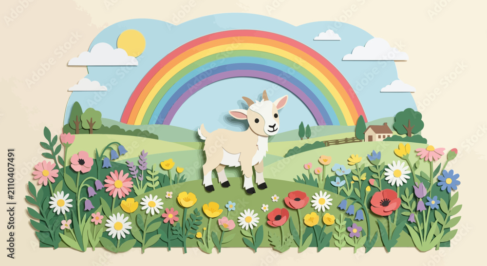 Fototapeta premium Whimsical paper craft goat in a colorful meadow under a rainbow and sun.