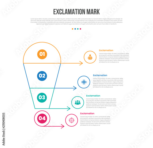 Exclamation mark infographic template with 4 point layered megaphone funnel segment with arrow for slide presentation