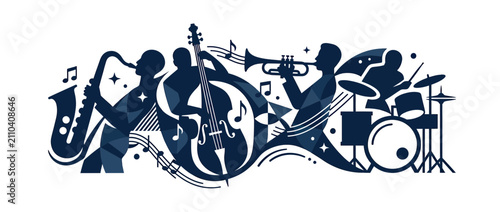 Abstract Jazz Band Silhouette with Musical Notes