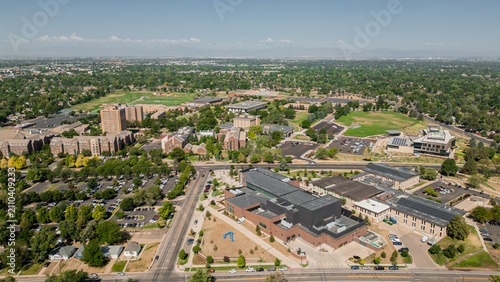 Aerial view of college buildings in small town colorado 
