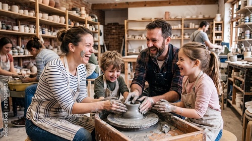 Happy family of four laughing while making a clay pot on a wheel in pottery studio