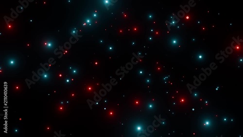 Red and blue twinkling glowing particles floating animation overlay background 4k seamless loop backdrop	
