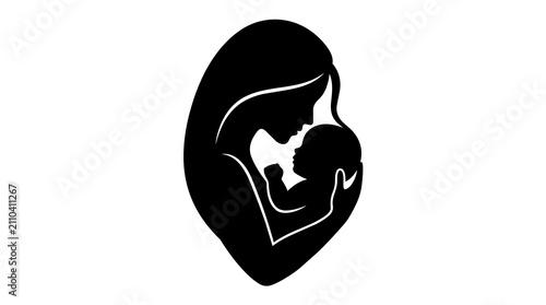 Black silhouette icon of a loving mother holding her newborn baby in her arms showing a heart shape representing maternal care and family love for parents and children