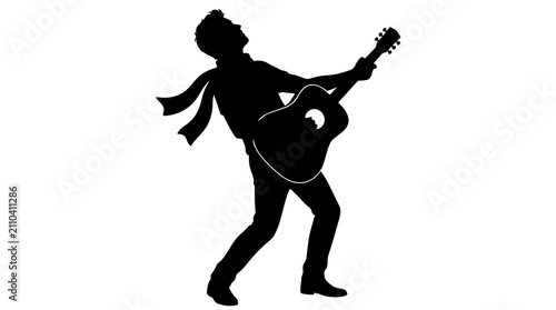 Black silhouette of a man playing acoustic guitar with a scarf standing in a dynamic musical pose representing a rock star performer on stage during a live concert show