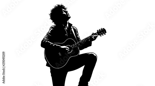Obraz na płótnie Young man playing acoustic guitar with passion in a black and white ink drawing