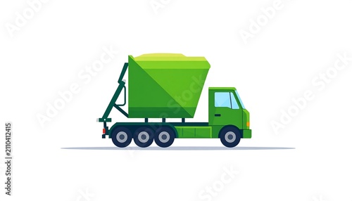 Green toy dump truck on white background.