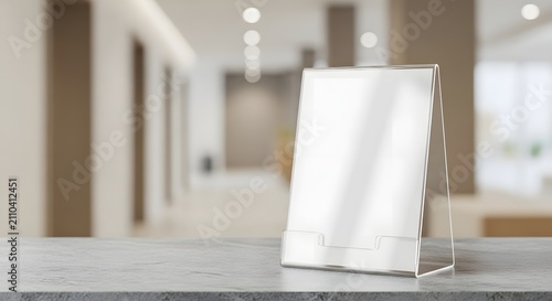 Blank white acrylic table stand for advertising or information display in a modern office lobby.