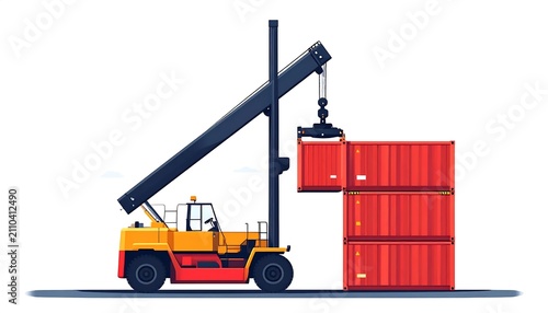 Industrial forklift lifting red shipping container.