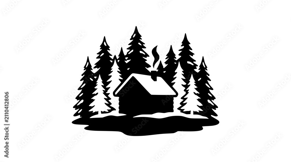 Obraz premium Black and white silhouette of a log cabin in a pine forest