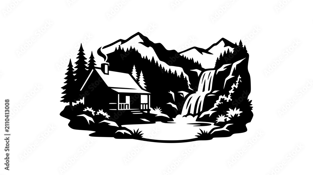Fototapeta premium Black and White Mountain Cabin Illustration with Waterfall and Pine Trees