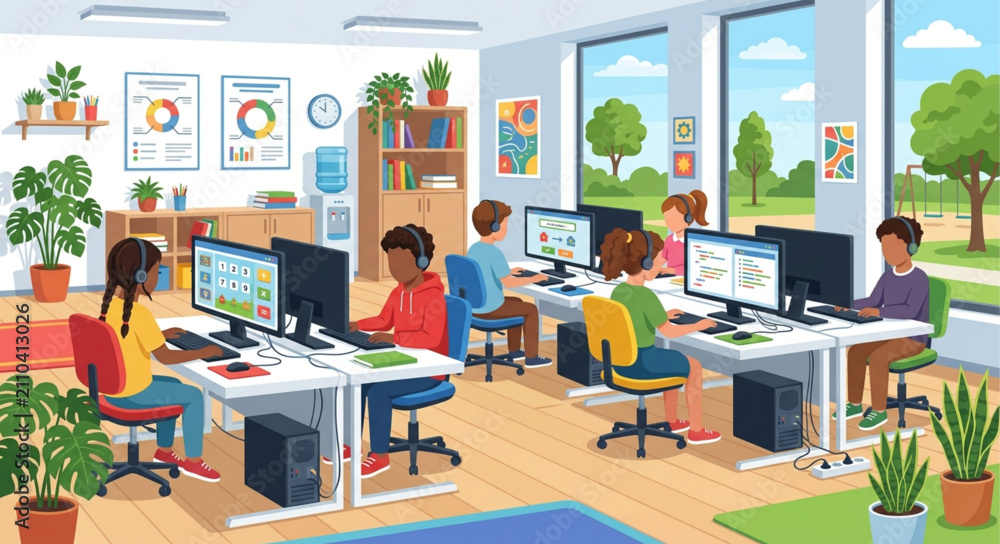 Naklejka premium Modern computer lab classroom with diverse students, elementary school children learning coding and technology, digital literacy education vector