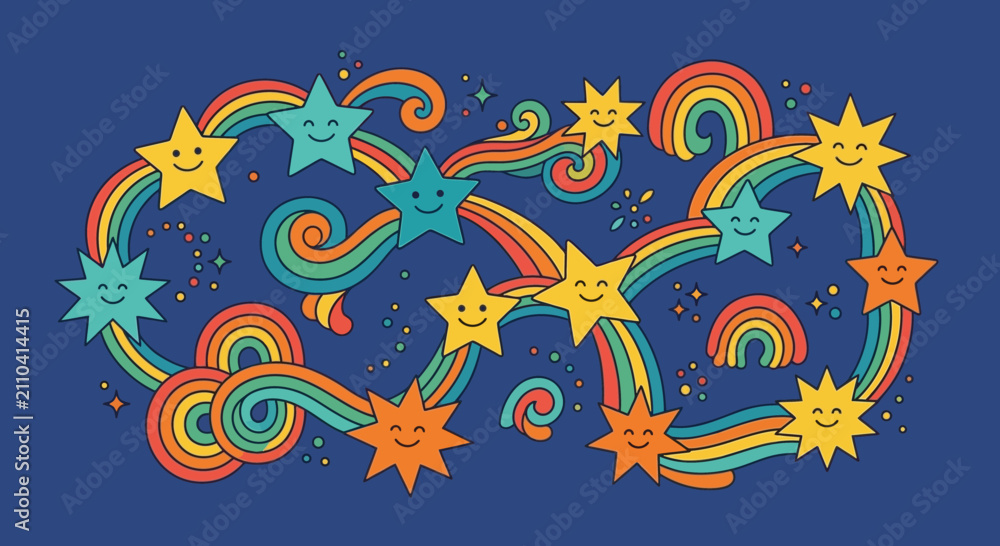 Obraz premium Happy Stars Rainbow Swirls Colorful Fun Illustration