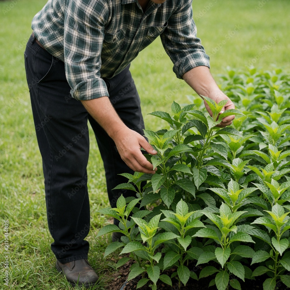 Fototapeta premium Horticulture worker inspecting healthy green plants