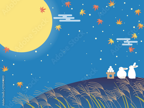 満月とお月見をするうさぎの背景素材