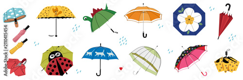 Collection of flat vector umbrellas featuring classic umbrellas, folding umbrellas, transparent dome umbrellas, cute kids umbrellas with animal and floral prints, colorful designer umbrellas raindrops