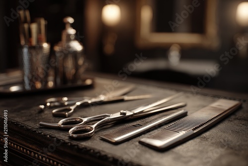 Close-up of barber tools on a dark, textured surface, with blurred background details suggesting a salon atmosphere. Light from a lamp