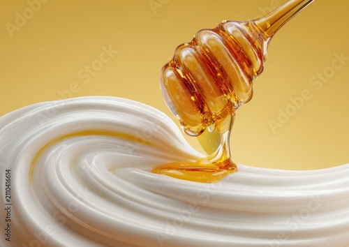 Close-up of honey drizzling onto a smooth, swirling white base against a warm, yellow gradient