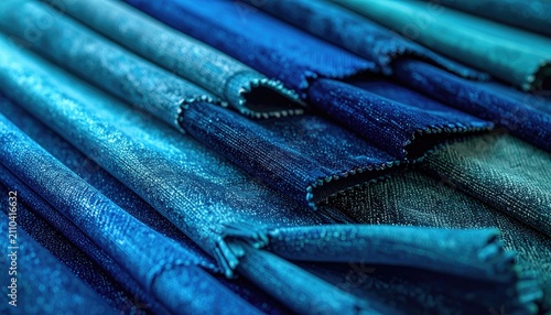 Close-up of layered fabric samples displaying varying shades of blue, creating a textured and gradient aesthetic
