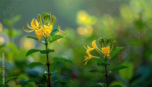 Close-up of vibrant yellow flowers in full bloom. Soft focus green leaves and bokeh create a dreamy, natural backdrop