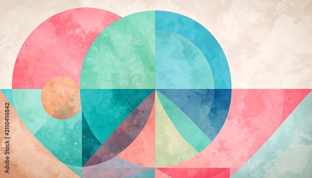 Fototapeta premium Abstract Geometric Art Composition with Overlapping Circles and Pastel Watercolor Textures in Mid-Century Modern Style