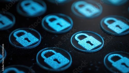 Close-up view of multiple glowing blue padlock icons arranged on a dark surface, representing data security