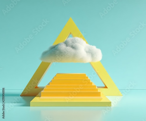 Conceptual artwork showcasing a golden staircase ascending to a fluffy cloud, framed by a yellow triangle against a teal backdrop