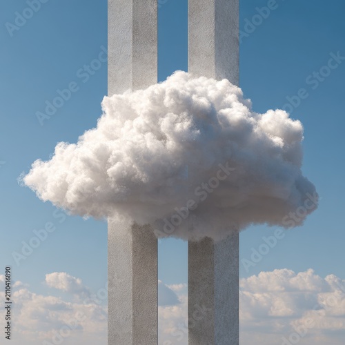 Conceptual artwork showing a fluffy cloud nestled between two tall, stark concrete pillars against a bright, clear sky