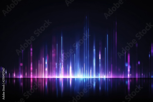 Digital display of vibrant vertical light columns, mirroring at the base, creating an abstract, futuristic, and colorful graphic