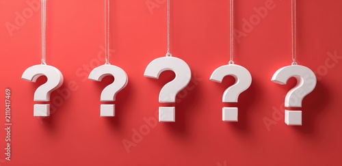 Five white, 3D question marks hang from thin strings against a vibrant, solid-red background, forming an intriguing pattern