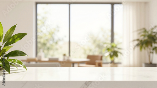 Empty white marble table top with blurred living room background