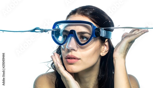 A woman's face submerged in water, wearing a blue snorkel mask, her hands gracefully framing her face, white backdrop
