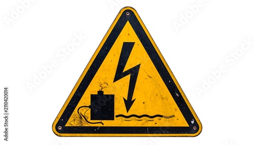 A worn, triangular yellow and black hazard sign warns of electrical danger. The symbol shows a lightning bolt and possible water contact