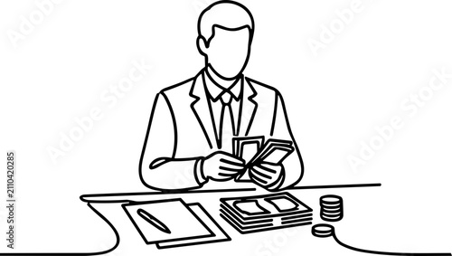 Фотография Businessman counting money at desk, financial planning, income, savings, wealth