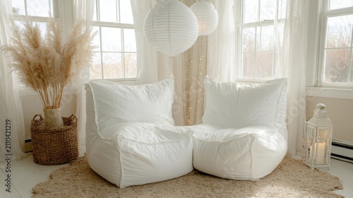Cozy minimalist living room with two white bean bag chairs and dried pampas grass.