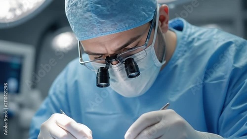 Dentist or Surgeon Wearing Protective Mask and Magnifying Loupes Working. 4K Video