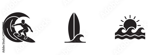 Photography Surfing wave surfboard and sunset ocean icon set with surfing board