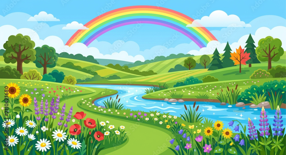 Obraz premium Vibrant summer landscape vector, scenic river flowing through green hills with rainbow, colorful meadow with blooming wildflowers and trees