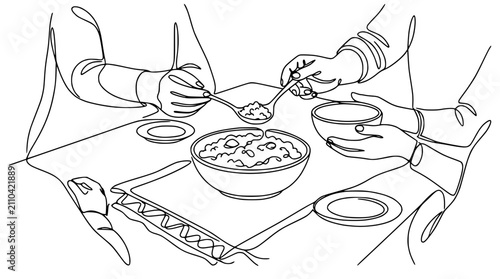 Continuous line drawing of hands serving food from a bowl at a dinner table, simple illustration