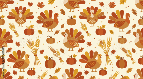 Autumn harvest seamless pattern with turkey pumpkin and wheat sheaf vector illustration