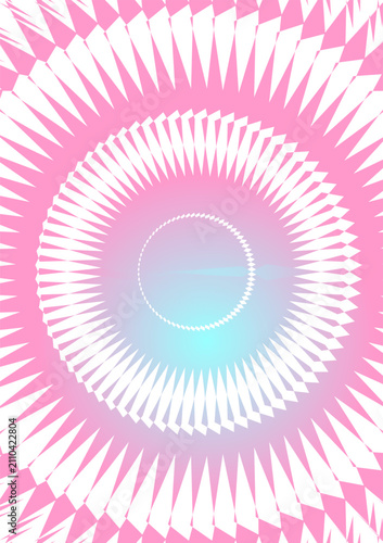 A vibrant abstract artwork featuring concentric geometric white starburst rings over a soft gradient background blending pink and light cyan hues