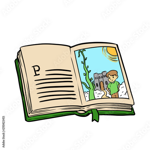 Konstfotografi Cartoon illustration of an open fairy tale storybook with Jack and the beanstalk
