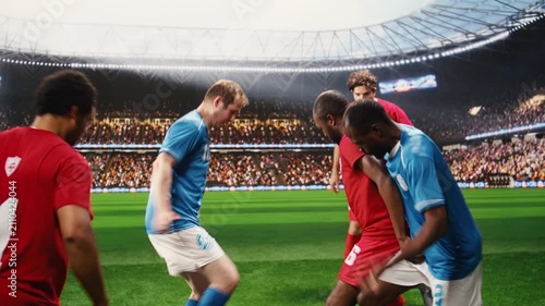 Soccer players showing strong ball control dribbling with speed across pitch, using football footwork to move past opponent in one on one duel, motion blur and attacking movement.