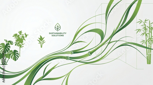 Dynamic green organic lines and natural plant elements create an abstract flowing background for sustainable solutions