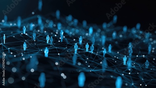 Digitally rendered network of small blue figures connected by lines and dots, suggesting a complex system or social structure